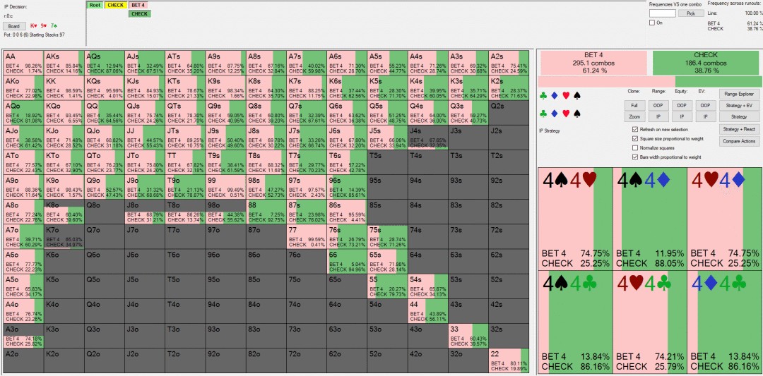 按钮位视角同一翻牌（K♥9♥7♣）下的Solver的方案